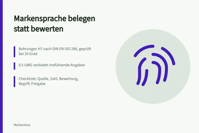 Karte: Markensprache technischer Unternehmen mit Normbezug, Kennzahl und Freigabe-Checkliste. Wie formulieren technische Unternehmen Markensprache ohne Werbeaussagen?