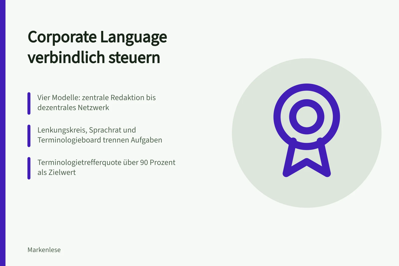 Karte zur Steuerung von Corporate Language mit Modellen, Gremien und Kennzahlen