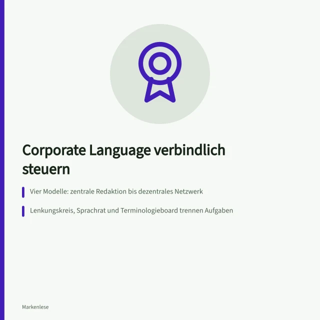 Karte zur Steuerung von Corporate Language mit Modellen, Gremien und Kennzahlen. Wie verbindlich steuern Unternehmen ihre Corporate Language?